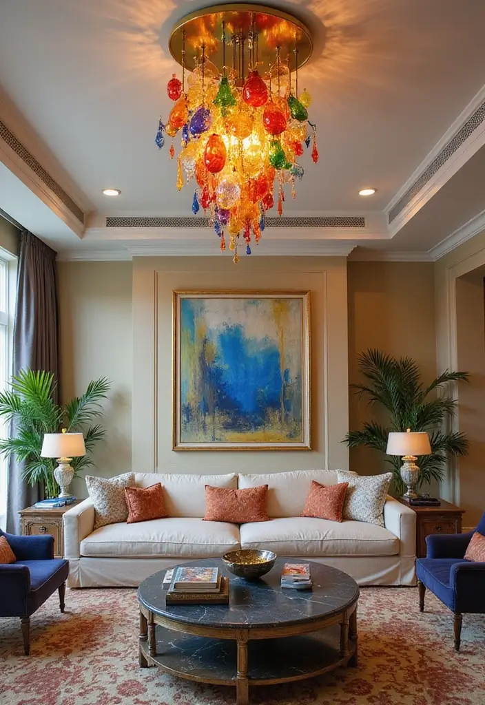25 Modern Lighting Design Living Room Ideas That Brighten Your Space - 13. Colorful Glass Chandeliers