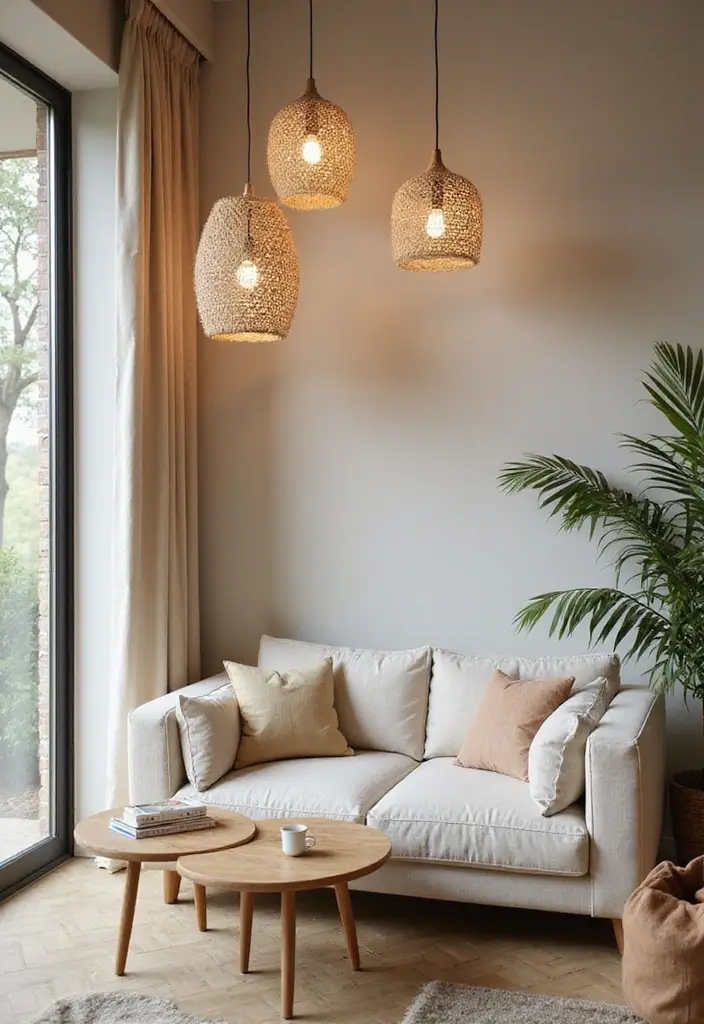 25 Modern Lighting Design Living Room Ideas That Brighten Your Space - 14. Nature-Inspired Light Fixtures