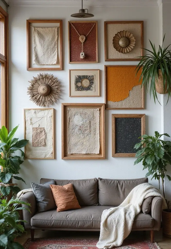 27 Art Wall Living Room Ideas That Feel Creative and Expressive - 1. Layered Textures for a Bohemian Vibe