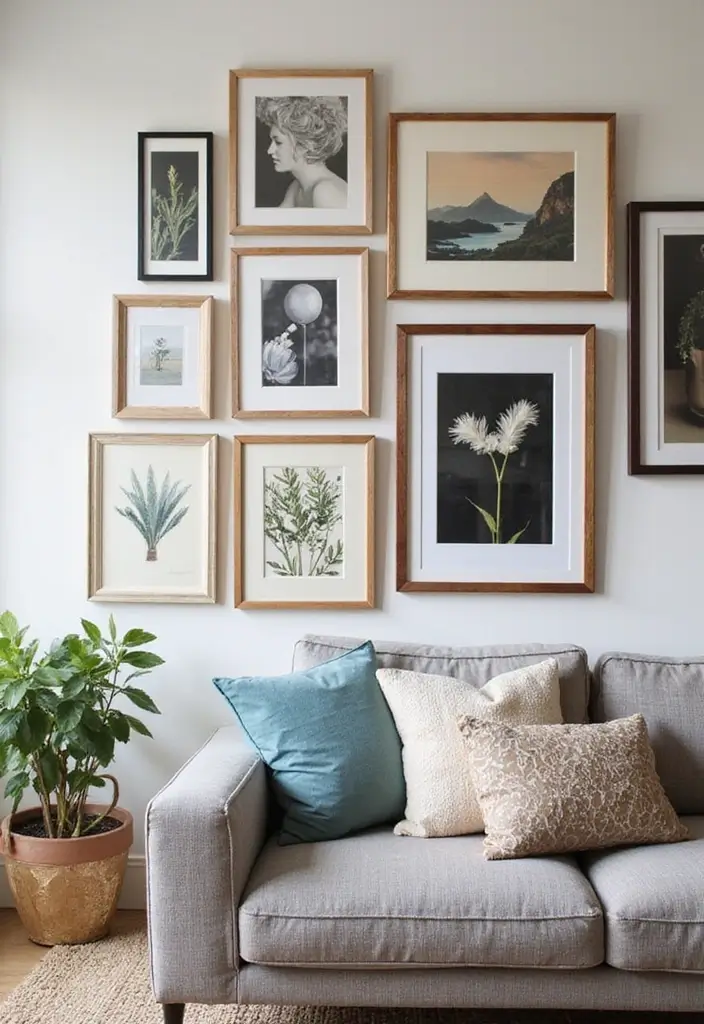 27 Art Wall Living Room Ideas That Feel Creative and Expressive - 10. Statement Framing Techniques