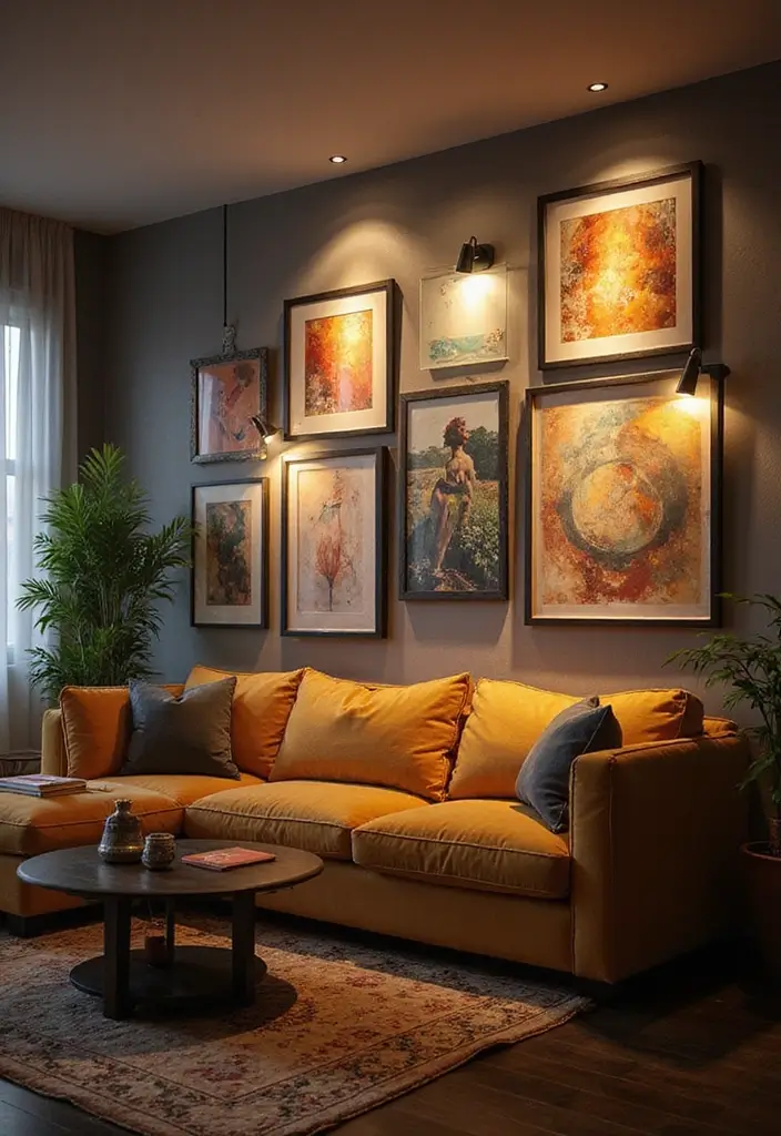 27 Art Wall Living Room Ideas That Feel Creative and Expressive - 19. Art and Lighting: A Perfect Pairing