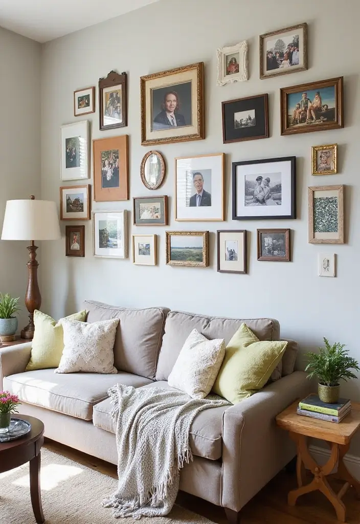 27 Art Wall Living Room Ideas That Feel Creative and Expressive - 2. Gallery Wall with a Personal Touch