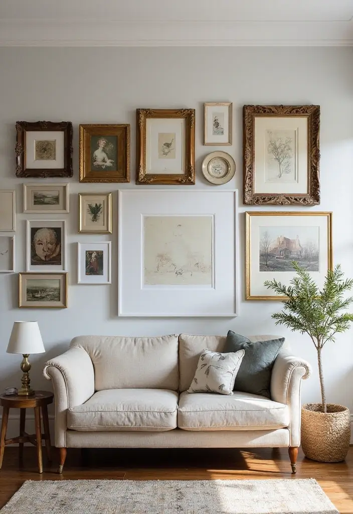 27 Art Wall Living Room Ideas That Feel Creative and Expressive - 21. Art in Frames of All Kinds