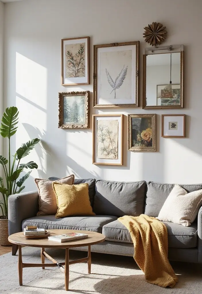 27 Art Wall Living Room Ideas That Feel Creative and Expressive - 26. Layered Artwork and Mirroring