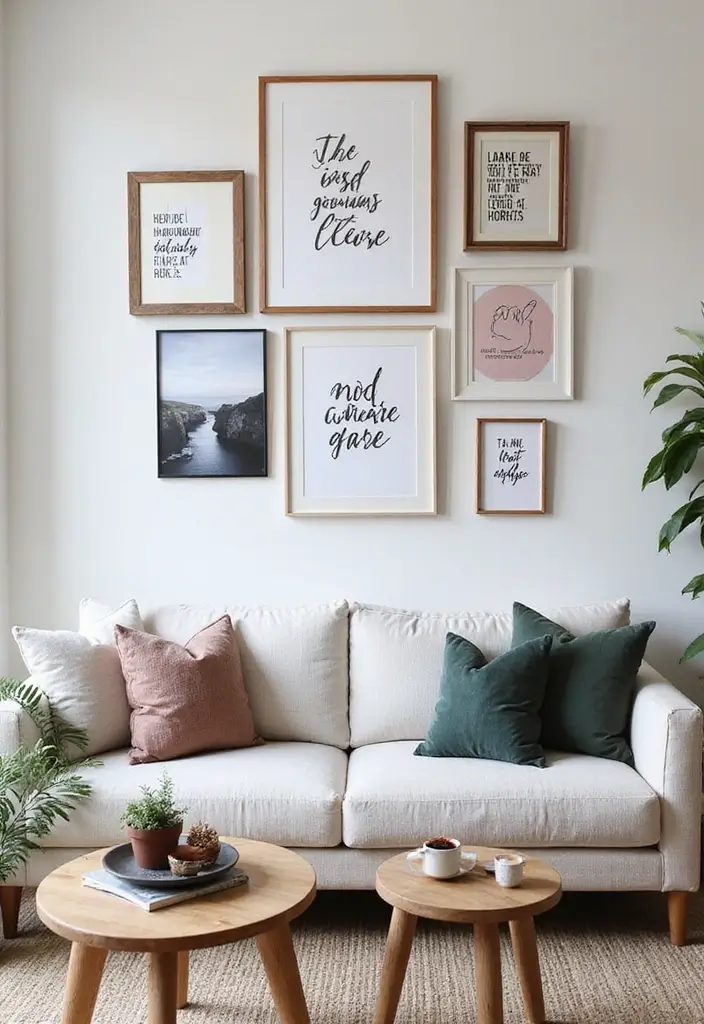 27 Art Wall Living Room Ideas That Feel Creative and Expressive - 27. Inspirational Quotes as Art