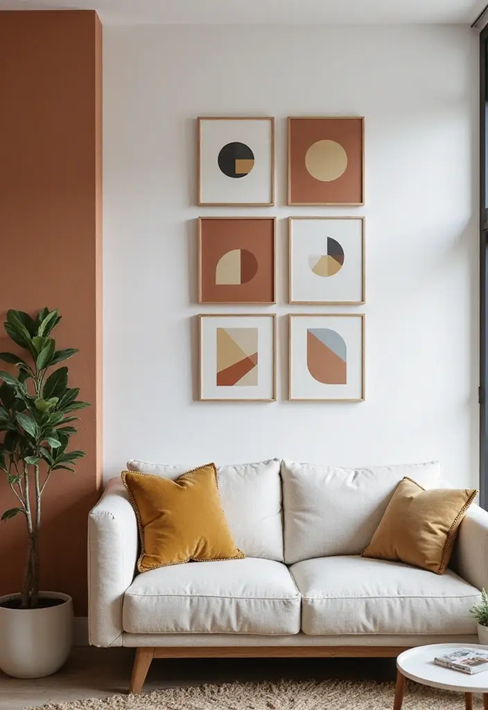 27 Art Wall Living Room Ideas That Feel Creative and Expressive - 3. Modern Art Arrangements with Geometric Shapes