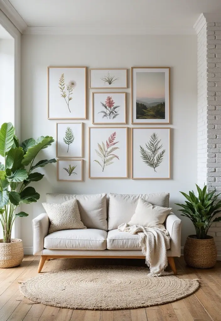 27 Art Wall Living Room Ideas That Feel Creative and Expressive - 4. Nature-Inspired Art for a Fresh Feel