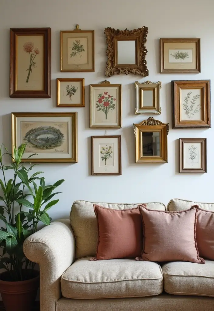 27 Art Wall Living Room Ideas That Feel Creative and Expressive - 6. Vintage Finds for Character and Charm