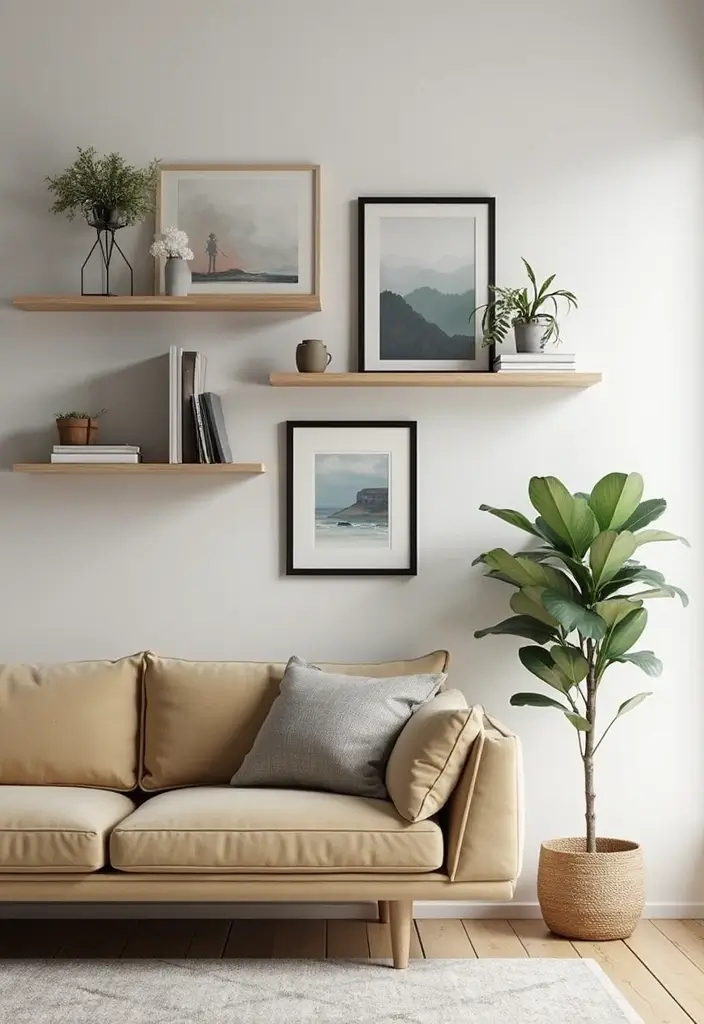 27 Art Wall Living Room Ideas That Feel Creative and Expressive - 8. Art and Shelving Combo