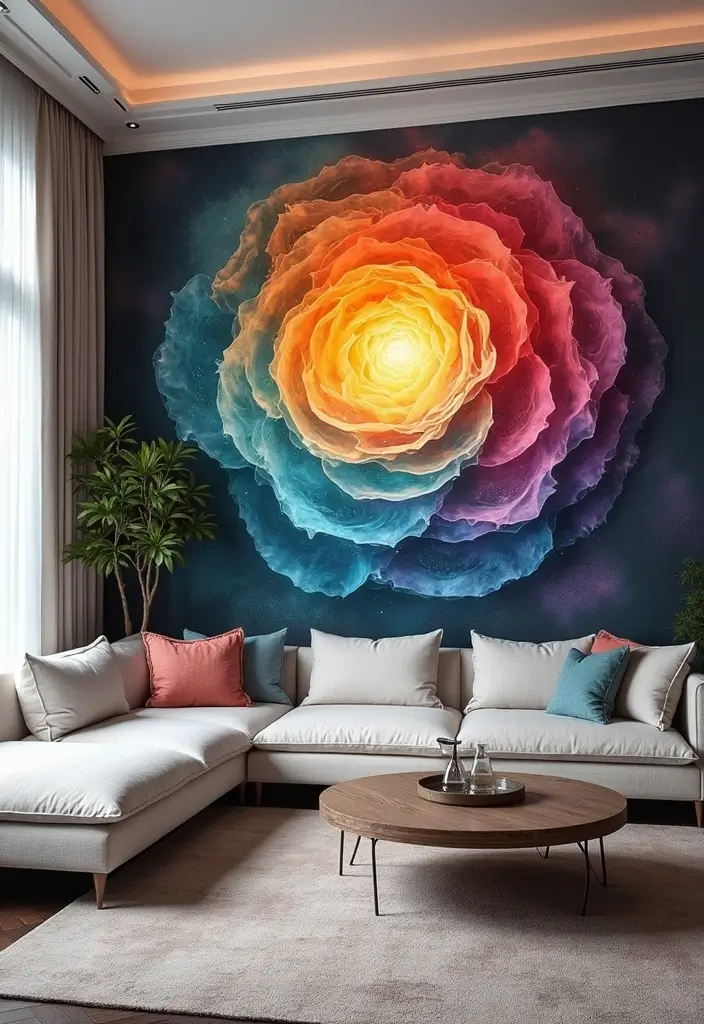 27 Art Wall Living Room Ideas That Feel Creative and Expressive - 9. Wall Mural as a Focal Point