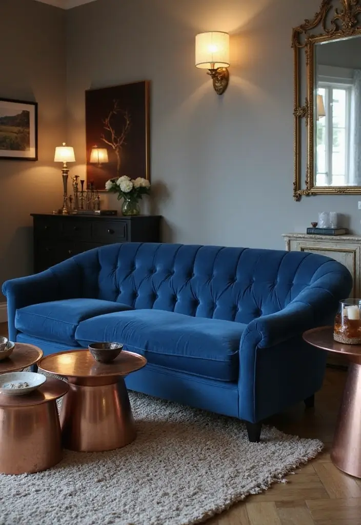27 Blue and Copper Living Room Ideas That Feel Chic and Unique - 1. Blue Velvet Sofa Meets Copper Accents