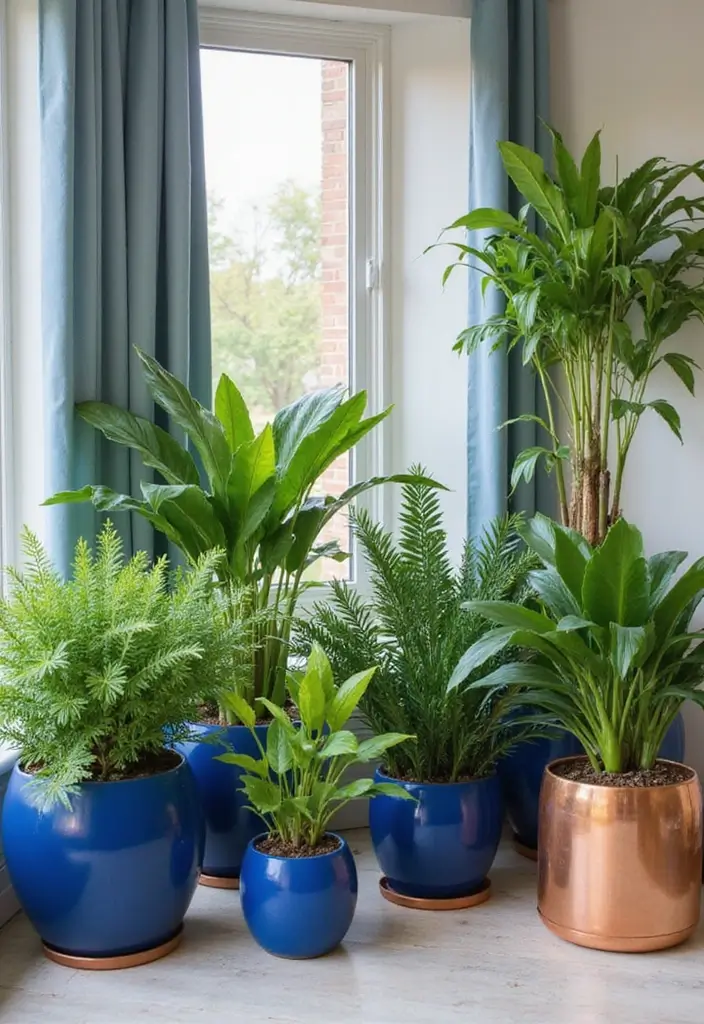 27 Blue and Copper Living Room Ideas That Feel Chic and Unique - 10. Greenery with Blue and Copper Pots