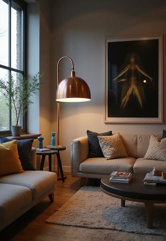 27 Blue and Copper Living Room Ideas That Feel Chic and Unique - 12. Layered Lighting