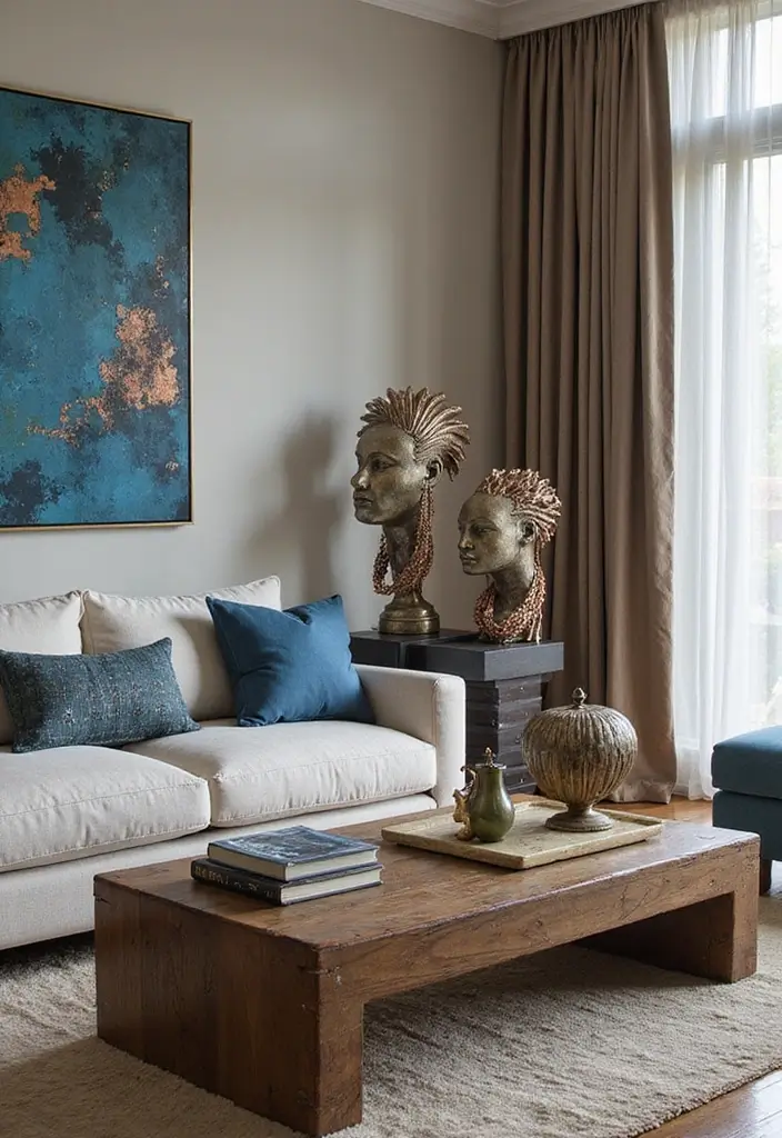 27 Blue and Copper Living Room Ideas That Feel Chic and Unique - 13. Artistic Sculptures