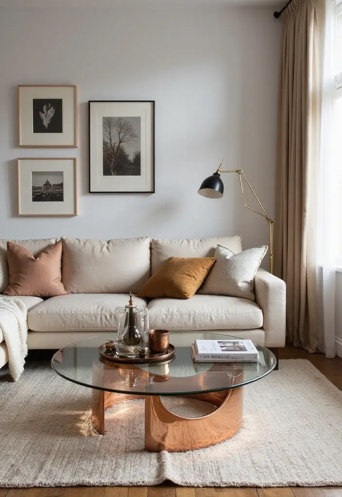 27 Blue and Copper Living Room Ideas That Feel Chic and Unique - 16. Glass and Copper Combinations