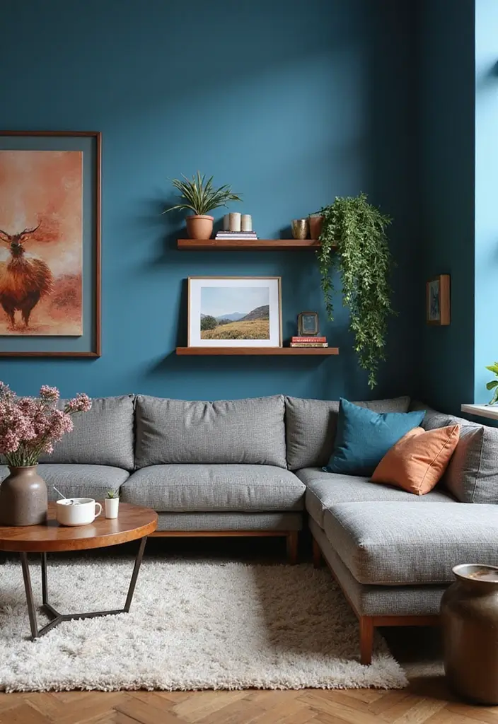 27 Blue and Copper Living Room Ideas That Feel Chic and Unique - 2. Bold Blue Walls with Copper Framed Art