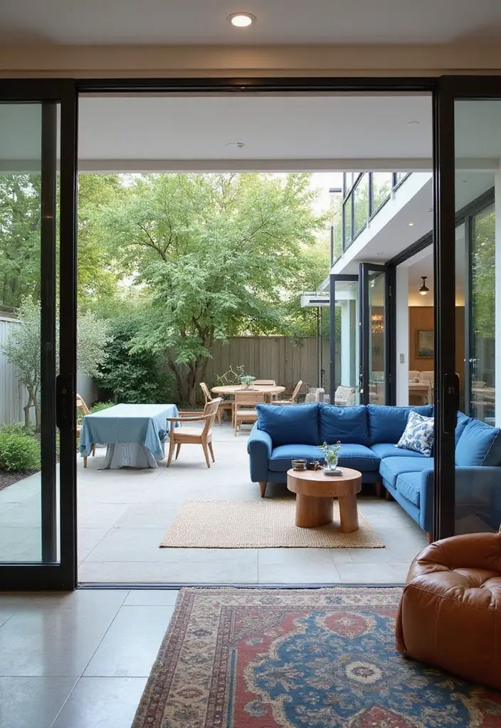 27 Blue and Copper Living Room Ideas That Feel Chic and Unique - 24. Indoor-outdoor Flow