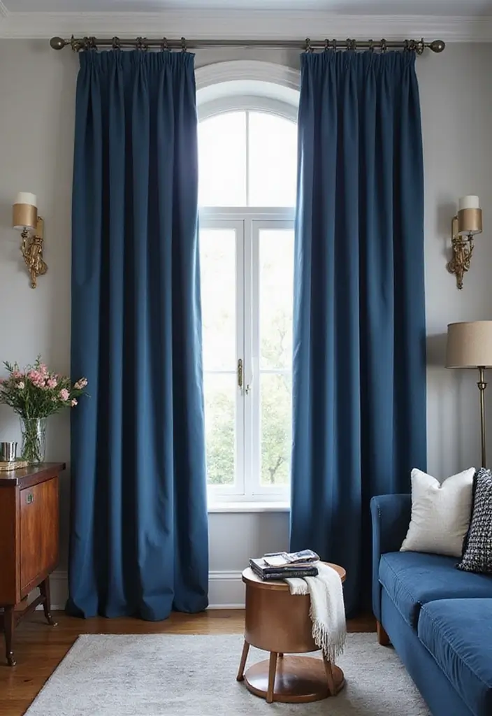 27 Blue and Copper Living Room Ideas That Feel Chic and Unique - 25. Floor-to-Ceiling Curtains