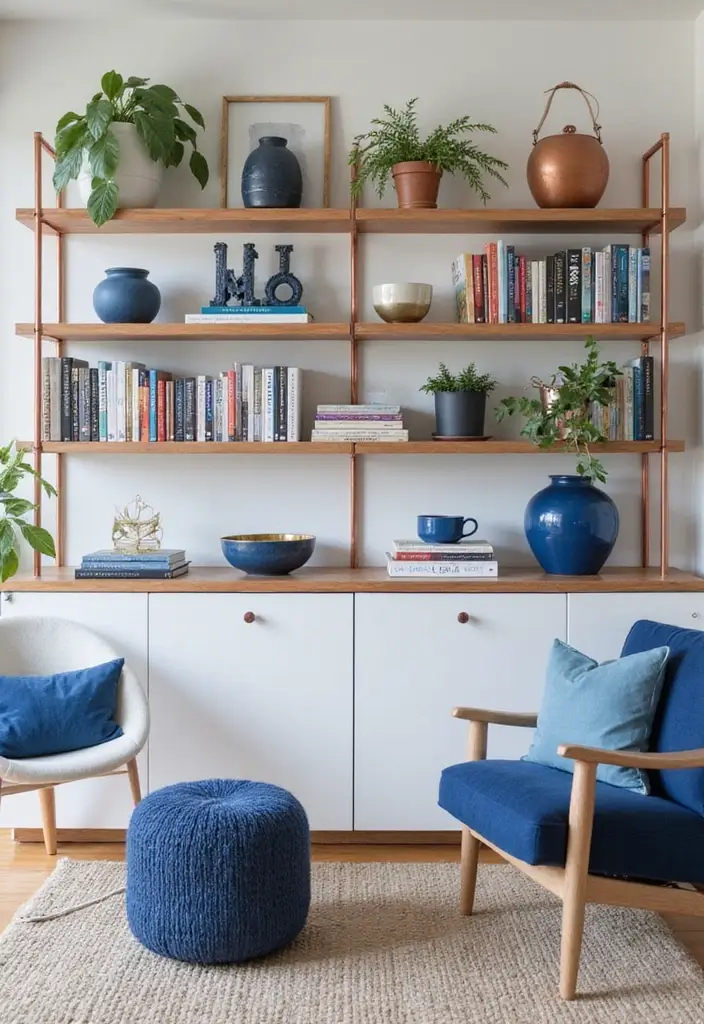 27 Blue and Copper Living Room Ideas That Feel Chic and Unique - 26. Stylish Shelving Solutions
