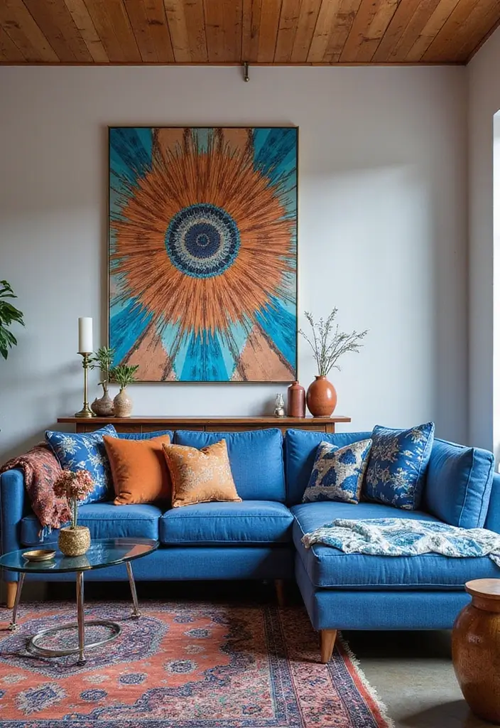 27 Blue and Copper Living Room Ideas That Feel Chic and Unique - 3. Eclectic Mix of Patterns