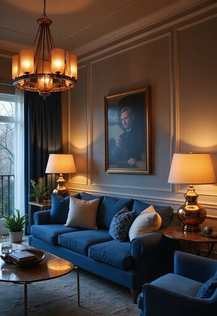 27 Blue and Copper Living Room Ideas That Feel Chic and Unique - 4. Copper Lighting Fixtures