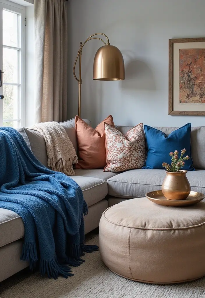 27 Blue and Copper Living Room Ideas That Feel Chic and Unique - 5. Cozy Blue and Copper Textiles