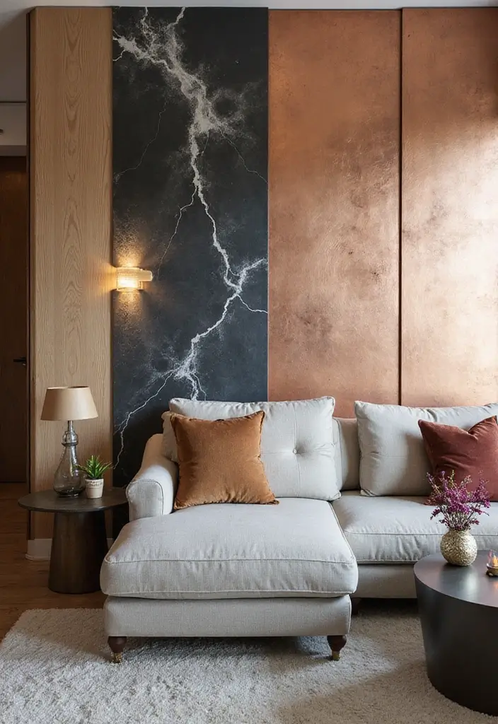 27 Blue and Copper Living Room Ideas That Feel Chic and Unique - 6. Artistic Wall Treatments