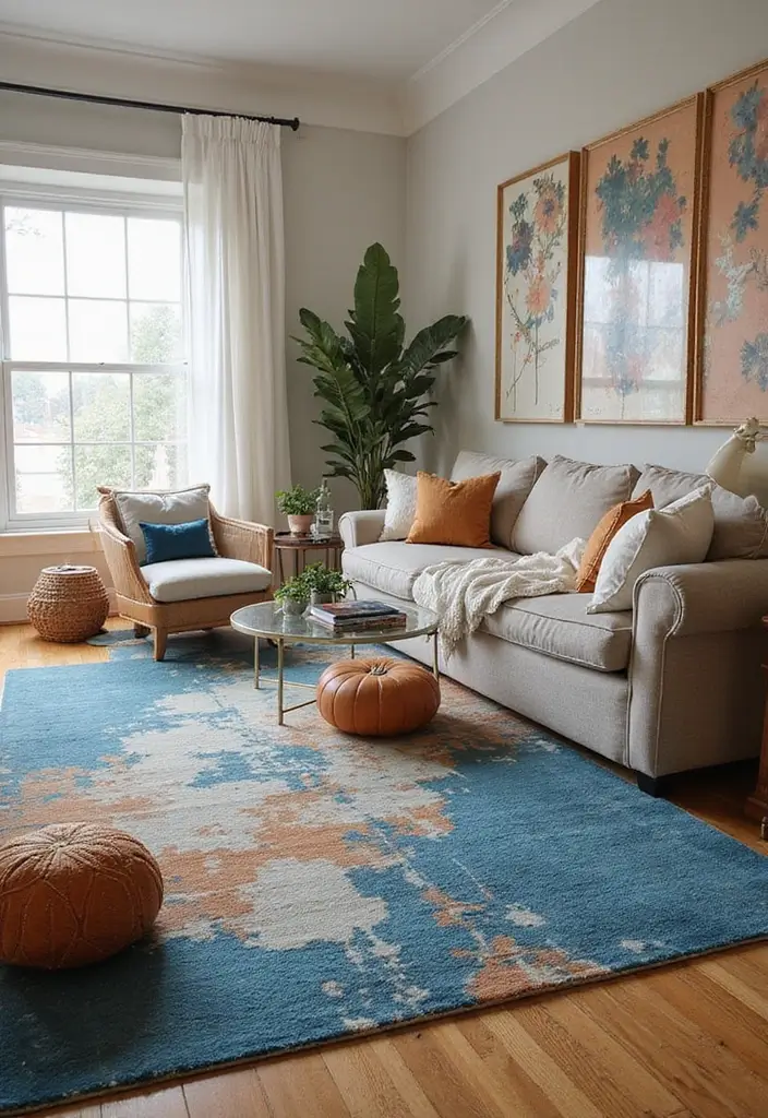 27 Blue and Copper Living Room Ideas That Feel Chic and Unique - 8. Statement Rugs