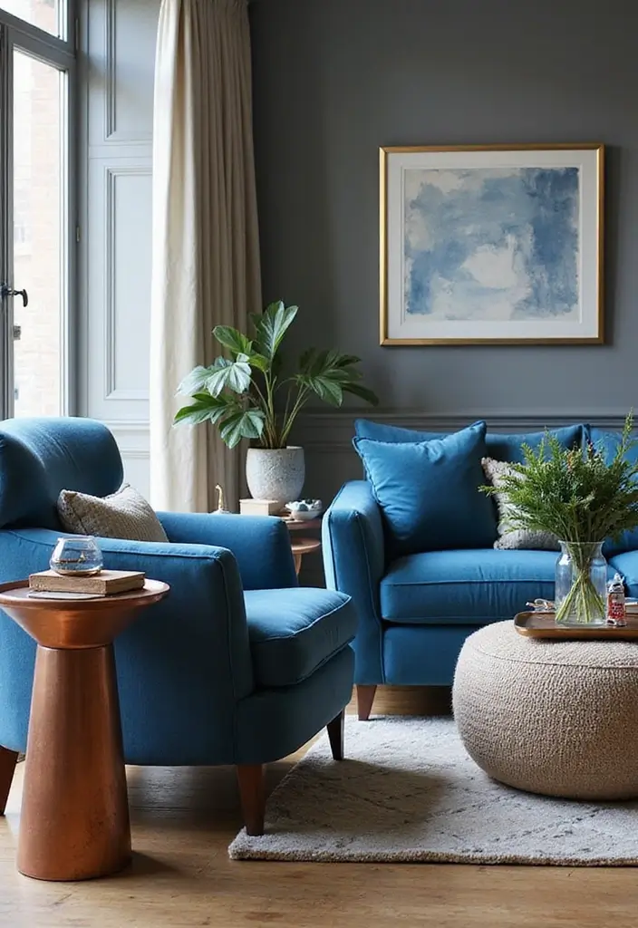 27 Blue and Copper Living Room Ideas That Feel Chic and Unique - 9. Copper Accents on Blue Furniture