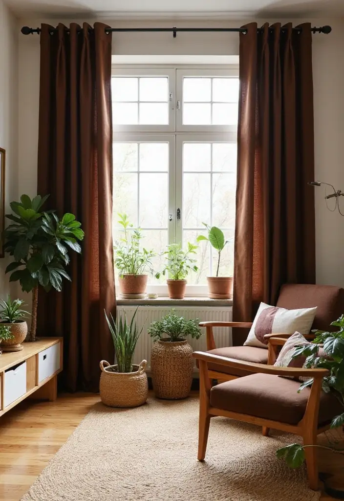 27 Brown Curtains Living Room Ideas That Feel Warm and Elegant - 1. Rich Chocolate Shades with Earthy Accents