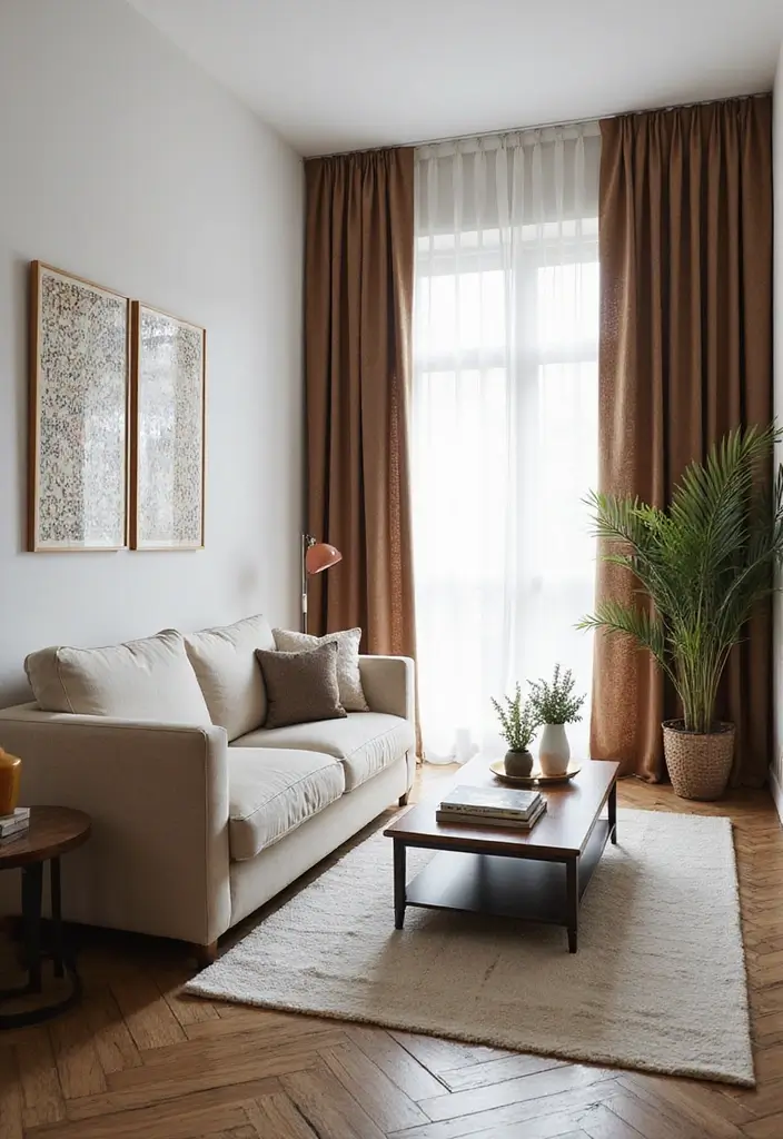 27 Brown Curtains Living Room Ideas That Feel Warm and Elegant - 11. Brown Curtains with Geometric Prints