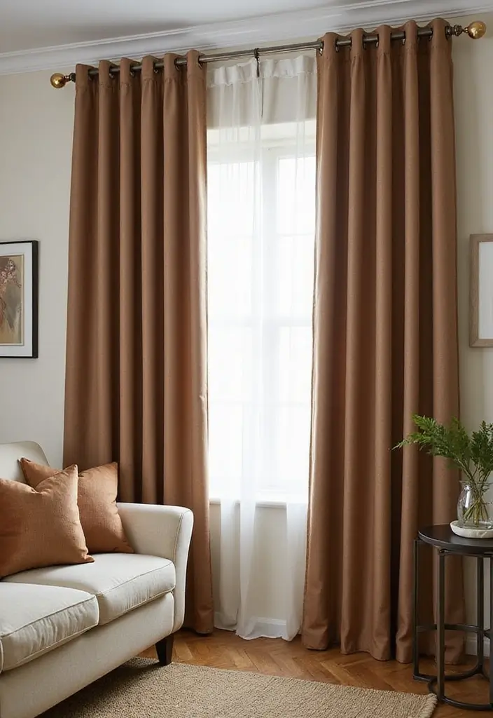 27 Brown Curtains Living Room Ideas That Feel Warm and Elegant - 13. Statement Curtain Rods for Extra Style