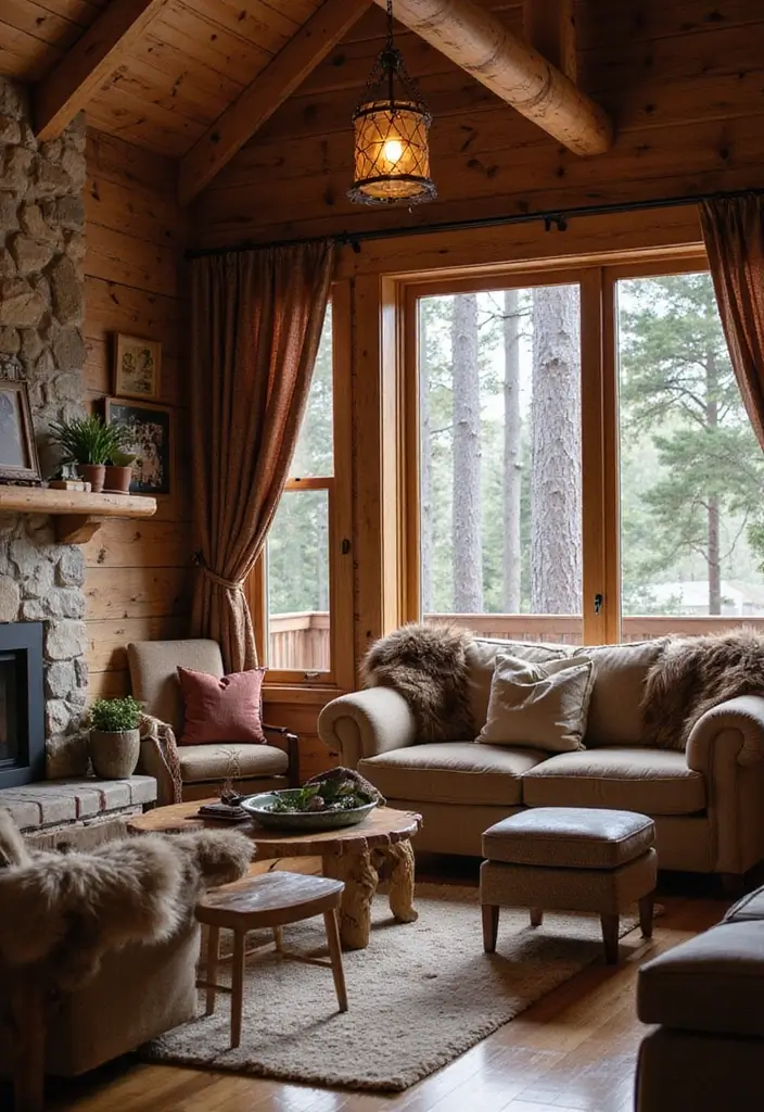 27 Brown Curtains Living Room Ideas That Feel Warm and Elegant - 14. Cozy Cabin Retreat with Faux Fur Accents