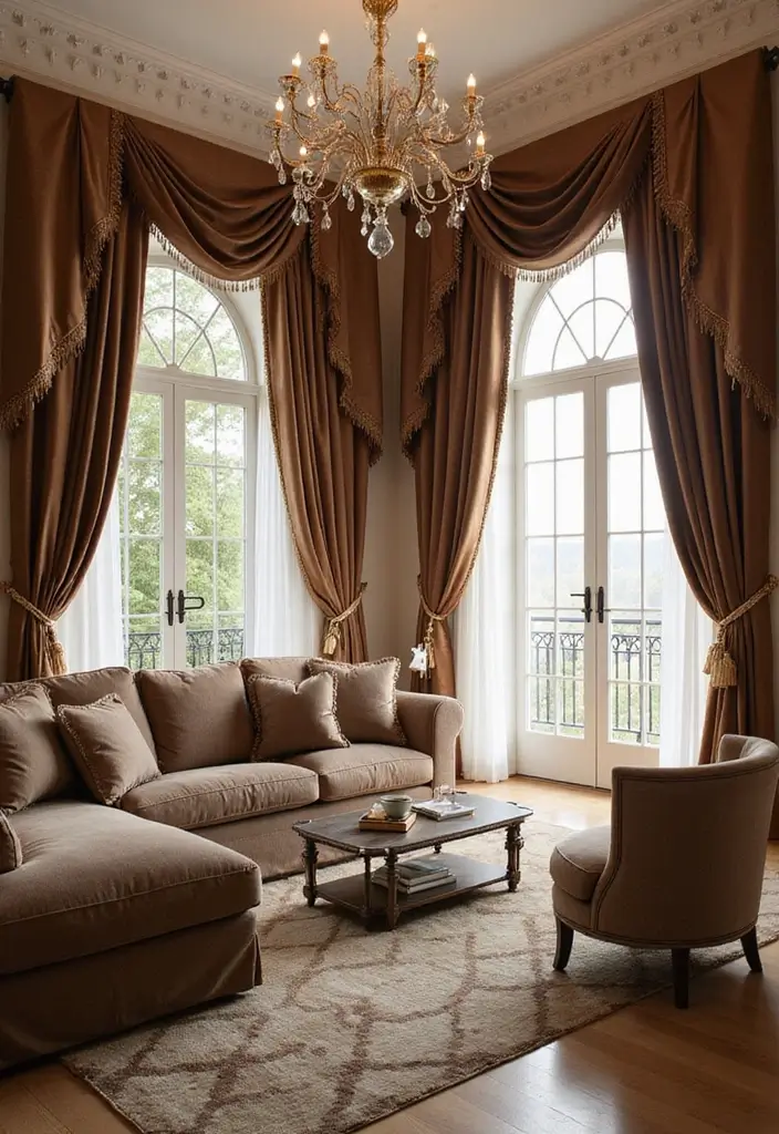 27 Brown Curtains Living Room Ideas That Feel Warm and Elegant - 17. Incorporating Metallic Accents