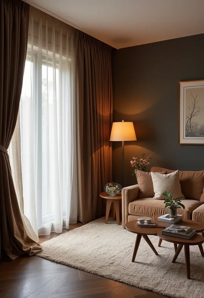 27 Brown Curtains Living Room Ideas That Feel Warm and Elegant - 18. Combining Dark and Light Shades