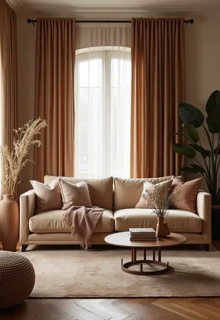 27 Brown Curtains Living Room Ideas That Feel Warm and Elegant - 19. Soft Brown Textiles for a Chic Look