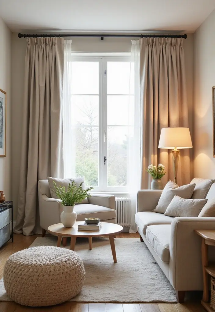 27 Brown Curtains Living Room Ideas That Feel Warm and Elegant - 2. Light Taupe for a Bright and Airy Space