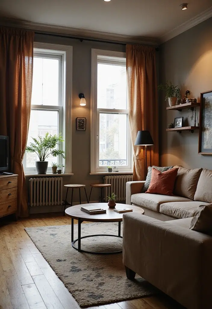 27 Brown Curtains Living Room Ideas That Feel Warm and Elegant - 20. Urban Chic with Industrial Touches