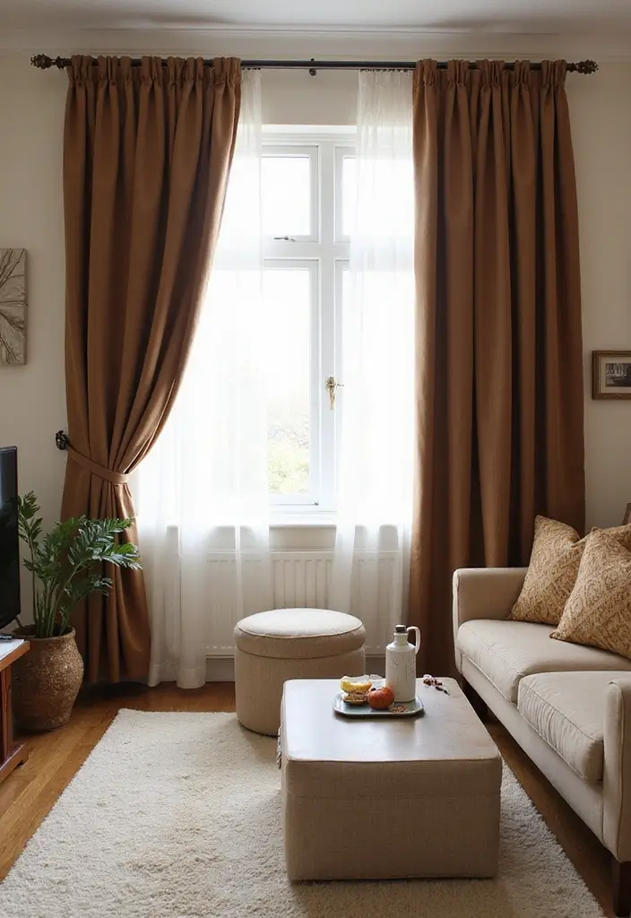 27 Brown Curtains Living Room Ideas That Feel Warm and Elegant - 21. Custom Brown Curtains for Uniqueness