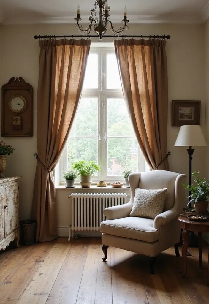 27 Brown Curtains Living Room Ideas That Feel Warm and Elegant - 22. Vintage Brown Linen Curtains for Timeless Style