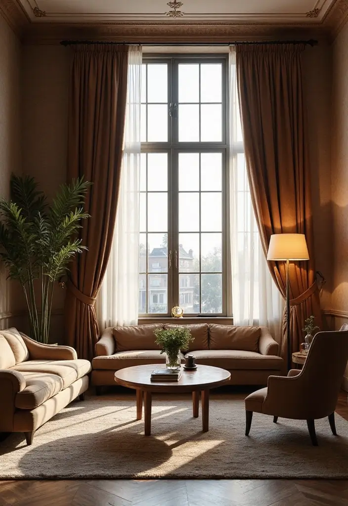 27 Brown Curtains Living Room Ideas That Feel Warm and Elegant - 23. Dramatic Floor-Length Curtains