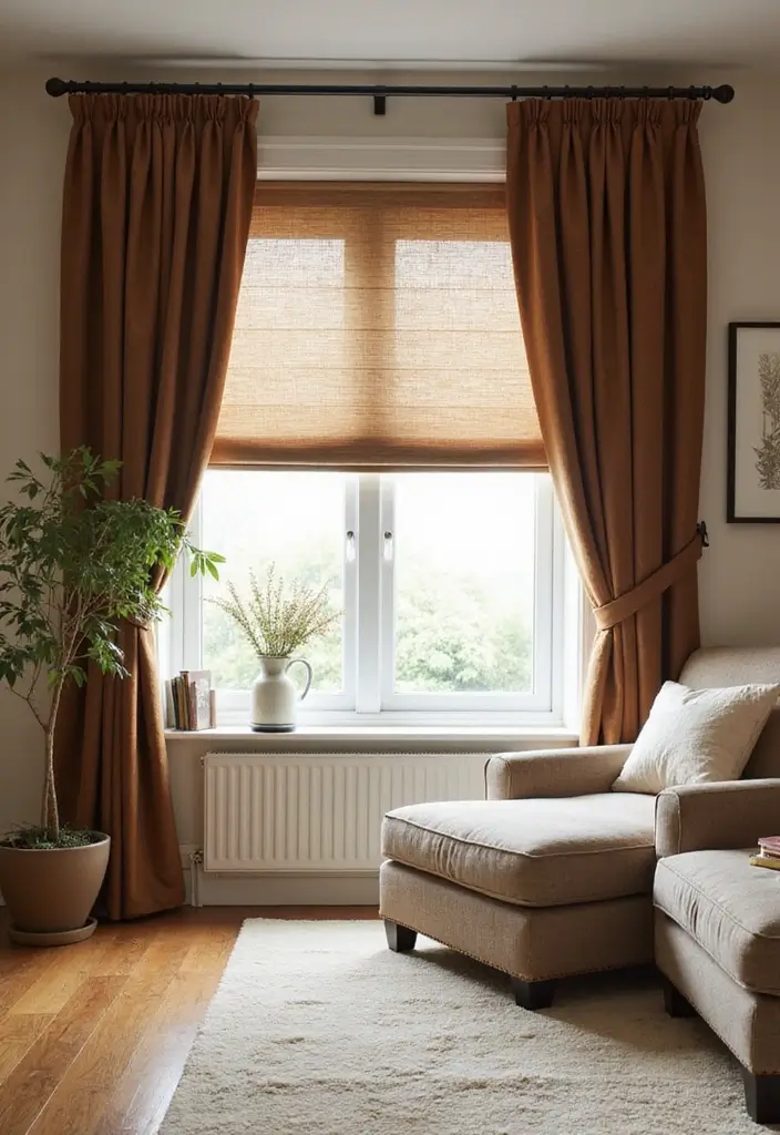 27 Brown Curtains Living Room Ideas That Feel Warm and Elegant - 24. Combining Curtains with Blinds