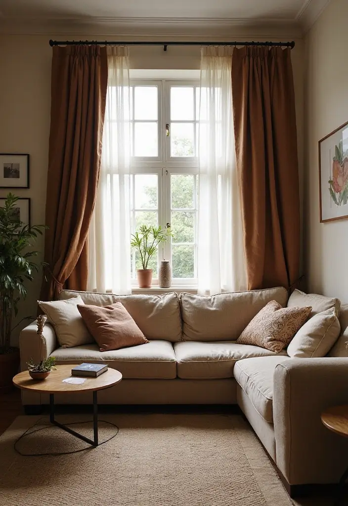27 Brown Curtains Living Room Ideas That Feel Warm and Elegant - 26. Cozy Nook with Brown Curtains