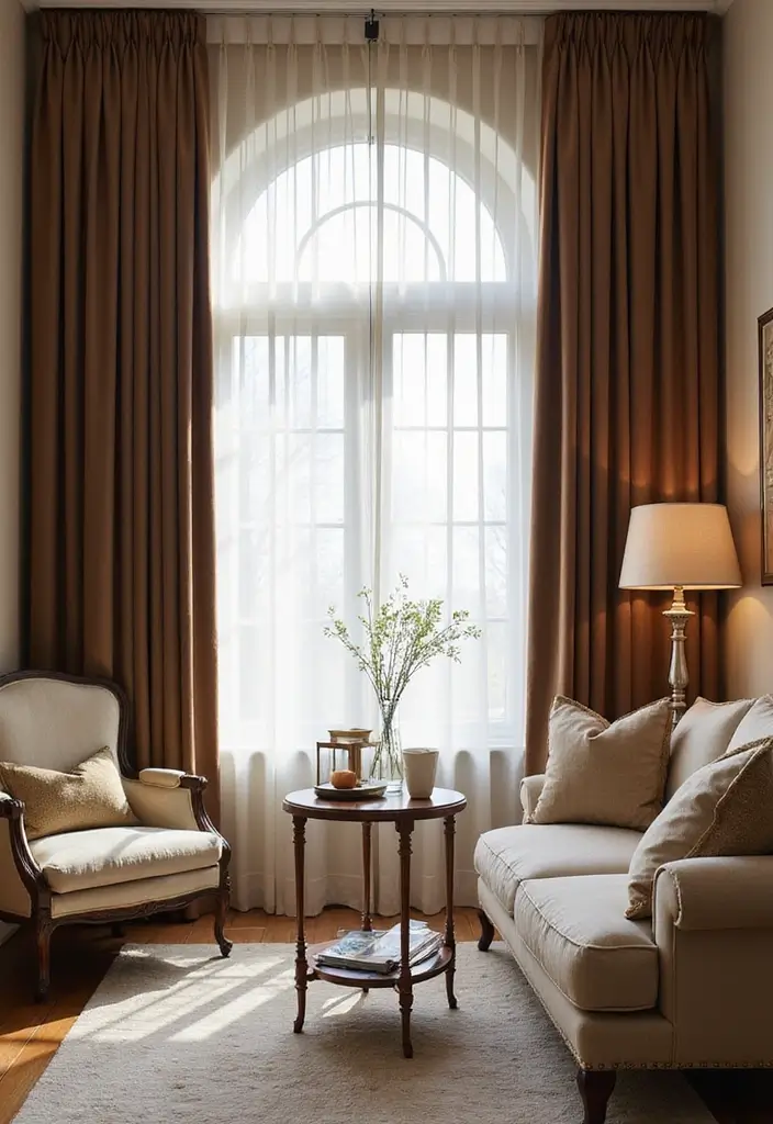 27 Brown Curtains Living Room Ideas That Feel Warm and Elegant - 5. Layered Look for Ultimate Warmth