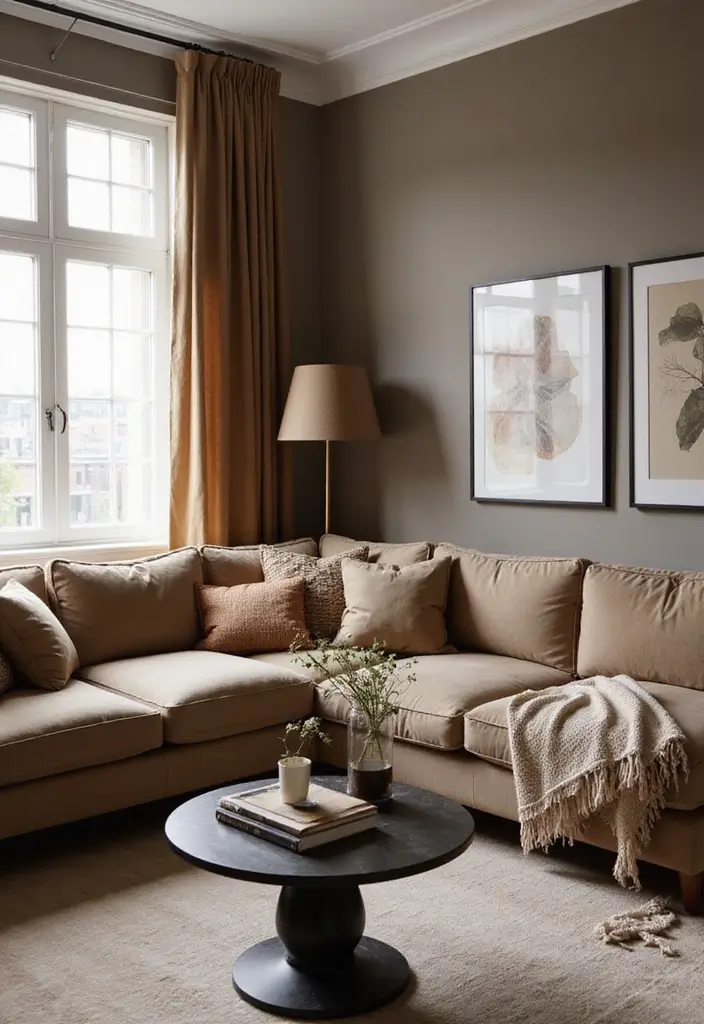 27 Brown Curtains Living Room Ideas That Feel Warm and Elegant - 6. Monochrome Elegance with Brown Tones