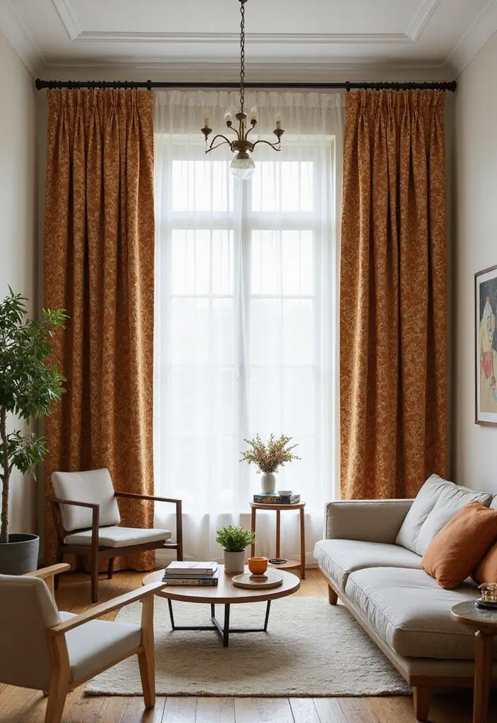 27 Brown Curtains Living Room Ideas That Feel Warm and Elegant - 7. Bold Patterns for a Fun Twist