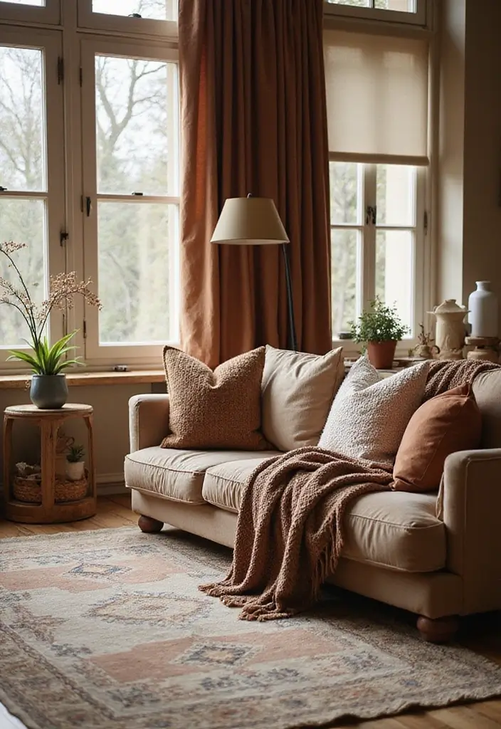 27 Brown Curtains Living Room Ideas That Feel Warm and Elegant - 8. Mixing Textures for Cozy Vibes