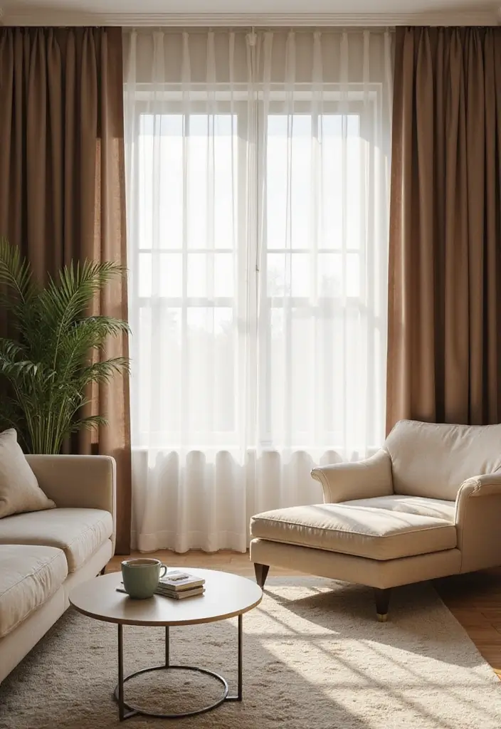 27 Brown Curtains Living Room Ideas That Feel Warm and Elegant - 9. Utilizing Natural Light with Sheer Brown Curtains