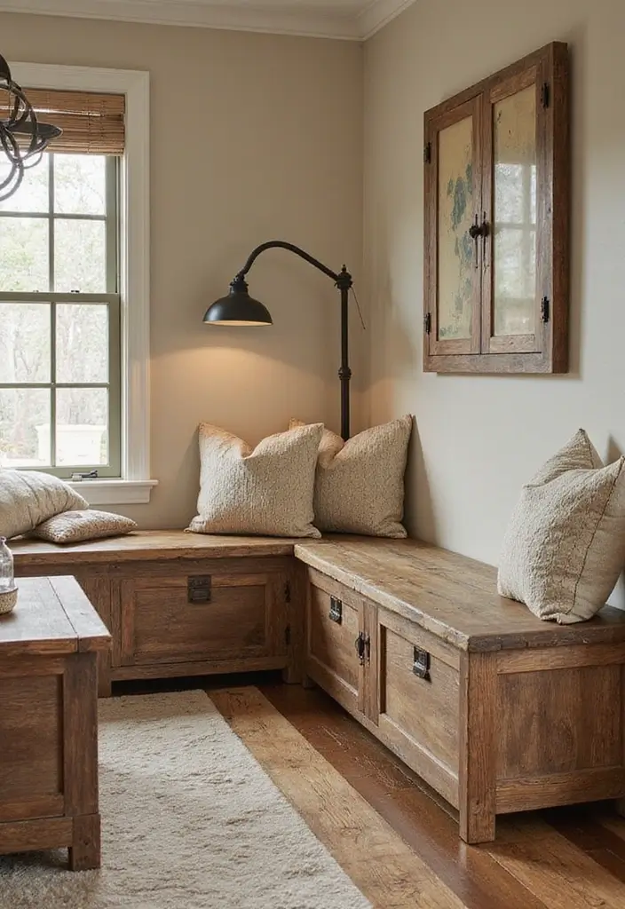 27 Built In Seating Living Room Ideas That Feel Smart and Cozy - 10. Rustic Built-In Benches