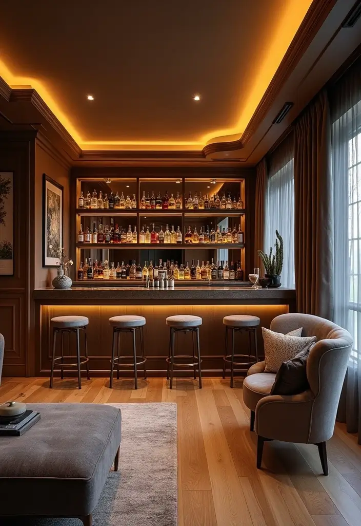 27 Built In Seating Living Room Ideas That Feel Smart and Cozy - 16. Chic Built-In Bar Seating
